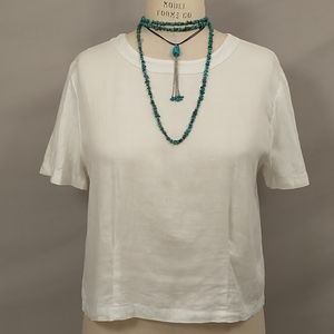 White 100% Linen Blouse Short Sleeve Scoop Neck 47" Bust Classic Modest Quality